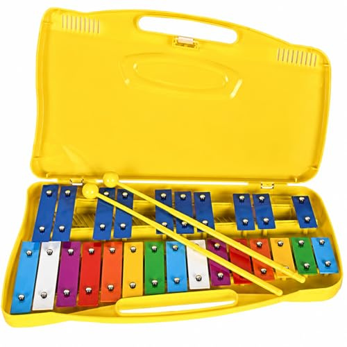 Rurbeder Set de carillón de colores, con 25 tonos, placa de aluminio y 2 varillas de percusión, Angel AG-25N3, metalófono, estuche amarillo