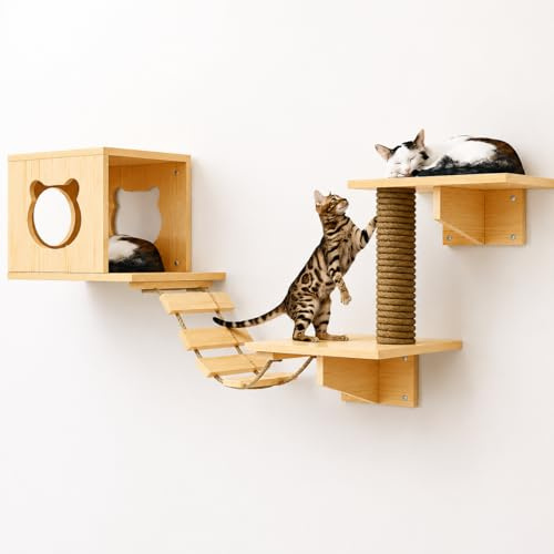 5 Pcs Wall Mounted Cat Shelves Set, Wood Cat Wall Furniture for Indoor Cats | Wooden Climbing Wall with House Scratching Post Steps Bridge, Space-Saving Cats Perch Tree, Natural Wood Finish