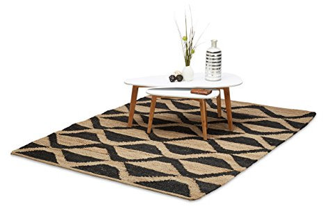 Relaxdays Juteteppich 160 x 230 cm, handgewebter Wohnzimmerteppich mit Wellen Muster, robuster Webteppich, natur, schwarz