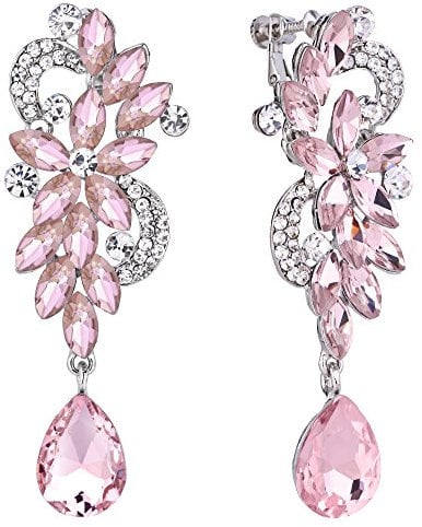 Clearine Women's Bohemian Boho Crystal Flower Wedding Bridal Chandelier Teardrop Bling Long Screw Back Clip-On Dangle Earrings Pink Tourmaline Color Silver-Tone