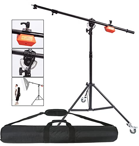 PYXEL Soporte de Luz Ajustable con Brazo de Extensión Trípode 224cm, Ruedas Giratorias Tripod 22mm, Bolsa de Transporte 120cm y Peso Contador 4kg para Estudio de Fotografía y Vídeo