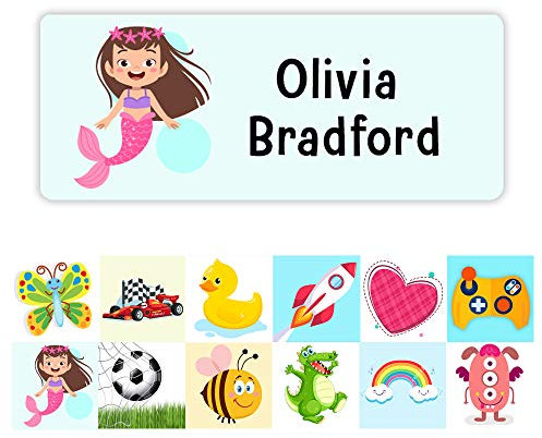 Pack of 42 Mermaid Dishwasher Proof Labels (55 x 22 mm) Self Adhesive Waterproof Personalised Name Stickers for Water Bottles School Essentials Stickers Limited