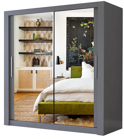 A.C. Milan Modern Double Mirror sliding door wardrobe with LED Light Width 100cm/120cm/150cm/180cm/203cm/250cm (203, Grey)