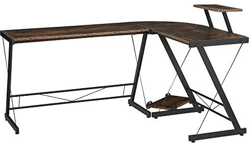 HOMCOM Computertisch, Eckschreibtisch, Schreibtisch, Bürotisch, Spanplatte+Metall, Vintagebraun-Schwarz, 155 x 115 x 91,5 cm