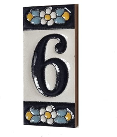Hausnummern und Buchstaben aus Keramik, blaues Blumenmuster, Größe: 7,5 cm x 3,5 cm (Nummer 6)