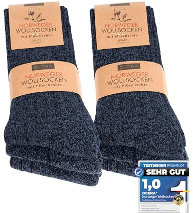 OCERA NORWEGER Wollsocken für Damen & Herren, 6 Paar warme Winterstrümpfe aus Wolle mit weicher Plüschsohle