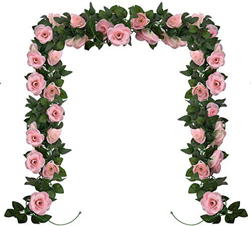Huryfox Artificial Flowers Garlands - 2 Strand 230cm Long Artificial Flower Vines for Decorations, Faux Pink Rose Floral Arch with Realistic Design for Home, Garden, Indoor/Outdoor Weddings, Parties