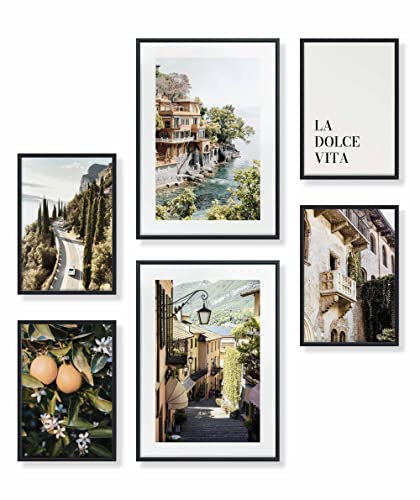 Heimlich® Premium Poster Set mit Bilderrahmen Aluminium Schwarz | 2 x DIN A3 & 4 x DIN A4 - ca. 30x42 & 21x30 | Stilvolle Poster Collagen mit passenden Bilder als Wanddeko » Italien Orange Meer «