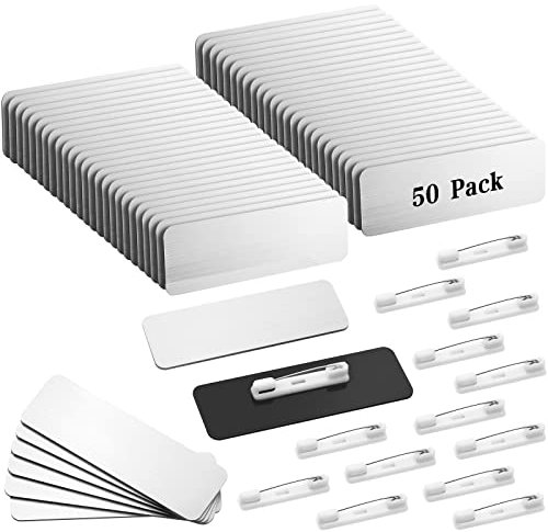 Namensschild-Rohlinge mit Anstecknadel, 2,5 x 7,6 cm, Kunststoff, Namensschild-Halter mit Clips, runde Ecken, Namensschilder, Etiketten, bedruckbare Etiketten für Heimwerker, Silber, Schwarz, 50 Stück