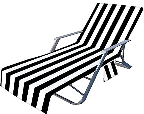 Surwin Schonbezug Für Gartenliege Streifen Strandliegenauflage Frottee Liegenauflage Stuhl Strandtuch Sun Lounger Bezug mit Tasche Sporthandtuch für Strand Garten Schwimmen (75x210cm,Schwarz)