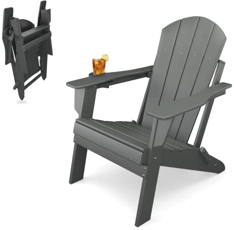 Sleek Space Faltbarer Adirondack-Stuhl für den Garten,Terrasse oder Balkon - Armlehnen & Becherhalter - Witterungsbeständig - Langlebige Möbel für Strand, Pool, Veranda (Grau)