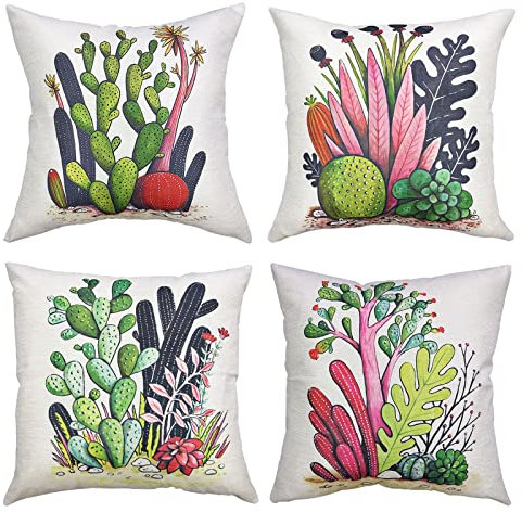 OCEUMACO Leinen Kissenbezug 40x40 Grün Kaktus Kissenhülle 4er Set Quadratisch Dekokissen Sofakissen Bezug für Couch Landhausstil Muster Kissen Kissenbezüge Deko Zierkissen Couchkissen Outdoor