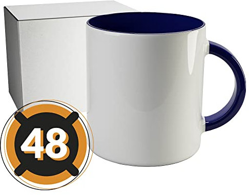 PixColor Lot de 48 tasses de sublimation blanches avec intérieur bleu marine | Boîte individuelle neutre | 350 ml (11 oz) | Catégorie AAA | Passe au micro-ondes et au lave-vaisselle | Cricut