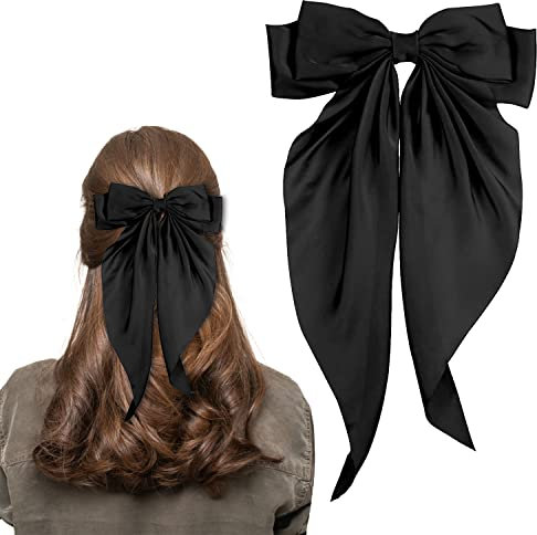 Pince à cheveux nœud, nœuds à cheveux pour femmes gros nœud en épingle à cheveux français pinces à cheveux barrette à cheveux doux satin soyeux nœuds à cheveux pour femmes filles (noir)