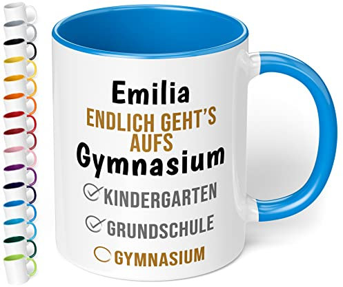 True Statements Geschenk zum Übertritt aufs Gymnasium: Keramik-Tasse mit Namen „WUNSCHNAME Endlich geht’s Gymnasium“ - zur 5. Klasse Gymi für Mädchen und Jungen (Cambridge Blau)