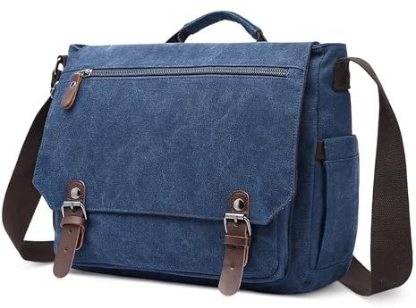 DORRISO Herren Umhängetasche Groß Messenger Bag 14 zoll Laptoptasche für Herren mit Griff Vintage Schultertasche für Urlaub Lässig Geschäftsreise Täglich Canvas Herren Kuriertasche Blau