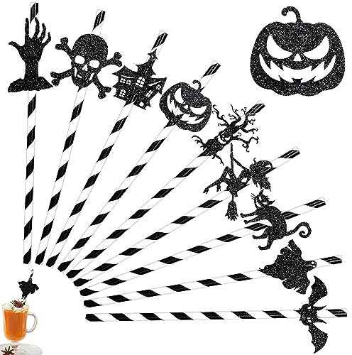 VIKY® Halloween Strohhalme Papier, Halloween Papierstrohhalme Schwarz Weiß, Trinkhalme Papier Biologisch Abbaubare, Halloween Strohhalme Wiederverwendbar, Paper Straws für Cocktails, Kaffee, Getränke