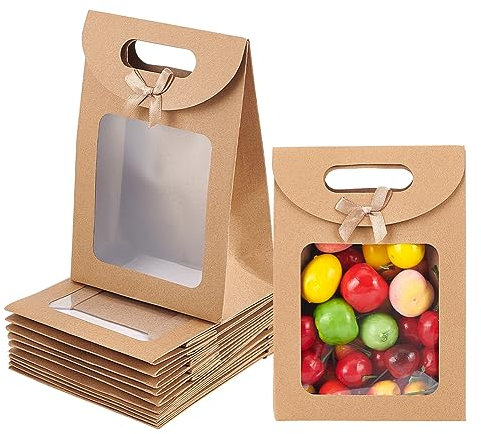 NBEADS 12 Pcs Sacs en Papier avec Fenêtre, 7.2x19.6x19.9 cm Sac Papier Kraft Sacs en Papier avec Poignées Sac Papier Cadeau pour Emballer Cadeaux de Banquet Biscuits Bonbons, Tan