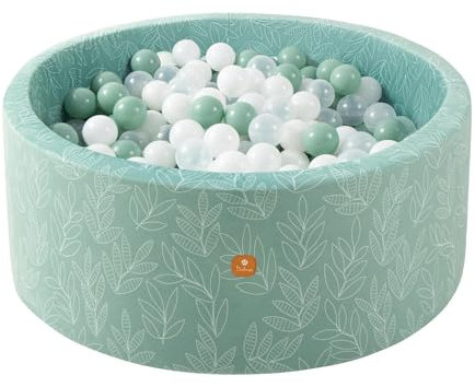 Dodozen Piscine à Balles Molles 100x40cm/200 Balles ∅ 7cm pour Bébé Enfant - Mousse Haute Résilience - Velours Super Doux - Nettoyage Amovible - Sauge:Blanc/Transparent/Sauge
