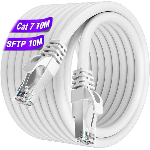 Soibke Cable Ethernet 10 Metros, Cable de Red Cat 7 Blindado Alta Velocidad S/FTP Gigabit Cable RJ45 24AWG Cable LAN Blanco Impermeabilización Exteriores 10Gbit/s 600MHz Para Enrutador Moedm