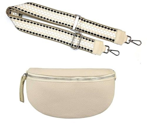 Made in Italy OBC Damen Set Gürteltasche + Schultergurt Leder Crossbody Hüfttasche Bauchtasche Umhängetasche Brusttasche Crossover Bodybag Schultertasche Handytasche Geldtasche Tasche Beige Gürtel