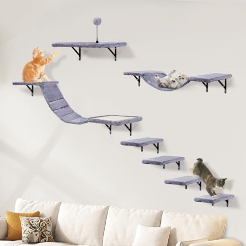 Juego de pared de escalada para gatos con hamaca, escalera para gatos, puente para gatos, tabla de rascar, 7 piezas, elementos de pared para gatos (gris claro)
