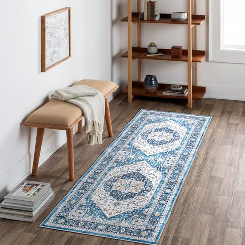 Carvapet Waschbar Läufer Teppich 60x180cm rutschfest Lang Dünner Teppiche Gegend Vintage Medaillon Blau Teppich für Wohnzimmer Schlafzimmer Küche