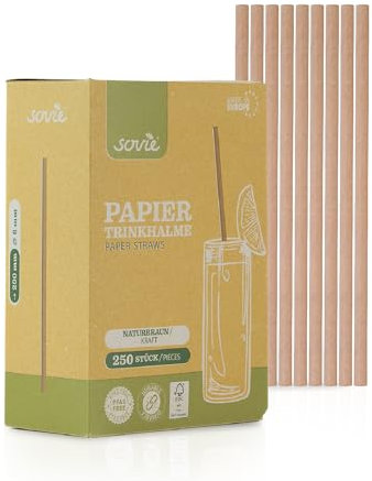 Mank Trinkhalme aus Papier, Papiertrinkhalme, Papier, Umweltfreundlich, Papierhalme Robust & Vielseitig einsetzbar, Strohhalme (250, Naturbraun, Ø 6 mm / 20 cm)