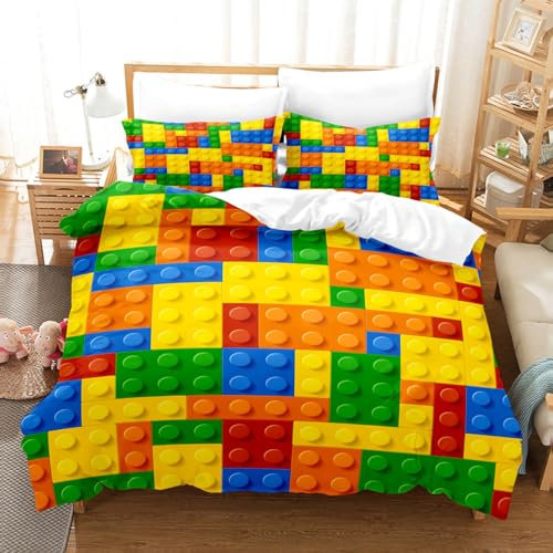 ZZTBQ Bettwäsche für Kinder 135x200 Kinderbettwäsche Bettbezug und Kissenbezug-Set Bunte Bausteine Spielzeug Ziegelstein Einzelbettwäsche Set
