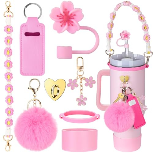 Mity rain 8PCS Cup Accessories for Stanley 30oz 40oz, Handle Strap, Chapstick Holder, Boot, Charms, Straw Topper Cover Cap