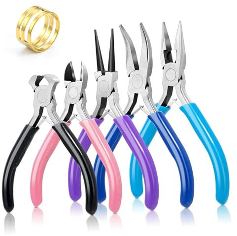 5PCS Jewellery Pliers Kit, DIY Jewelry Making Tools with Needle, Round and Chain Nose Pliers, Cutting Making Supplies for Crafting Repairing Keychain Bracelets Earrings