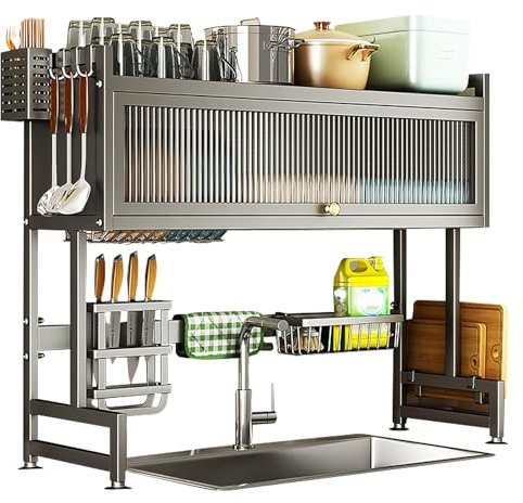 GHBSDNEPP Escurridor de platos, escurridor de platos de 3 niveles, grande con soporte para cortador, escurridor de cubiertos y puerta visible, escurridor de platos de cocina gris sobre el fregadero,