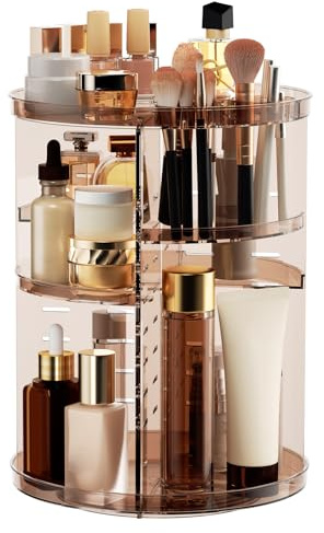 Drehbarer Make-up-Organizer für Arbeitsplatte, einstellbare Ablagen, drehbarer Hautpflege-Organizer, Kosmetikvitrine mit Parfüm- und Pinselhalter, multifunktional für Schminktisch, Badezimmer