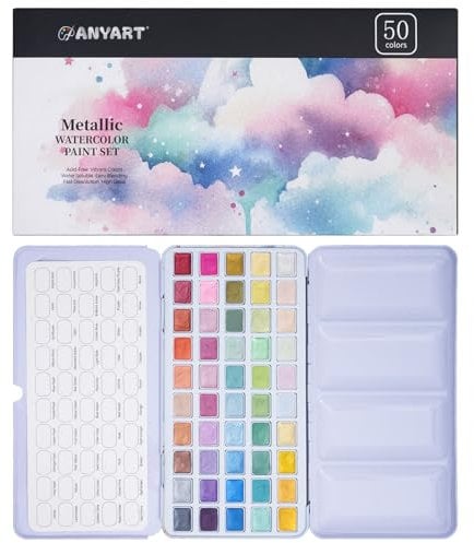 Anyart Peinture Aquarelle Adulte Métallique 50 Couleurs en Boîte Portable, Kit Aquarelle Debutant, Watercolor, pour Artistes et Peintres Amateurs