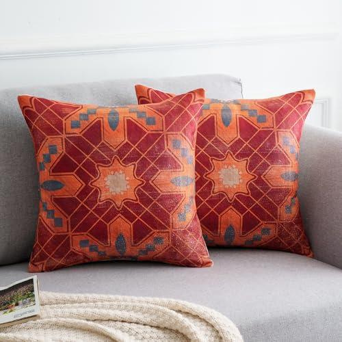 Sofakissen Kissenbezug Leinen Dekokissen 40 x 40 cm Herbst Winter Türkischer Teppich Geometrisch Muster Orange Rot Landhausstil Couchkissen Kissenhülle Bezug für Sofa Schlafzimmer Garten Bett 2er Set