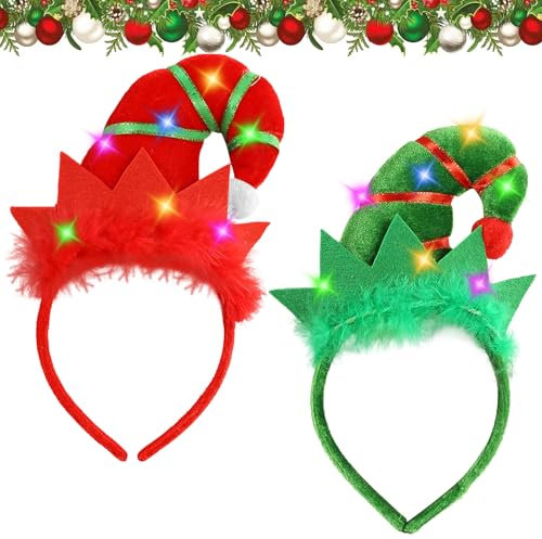 Seasboes Weihnachten Haarreif, 2 Stück Weihnachts Kopfschmuck, LED Elfenhut Weihnachts Haarreif, Elfenhut Stirnband, Weihnachten Haarreifs für Kinder, Erwachsene für Weihnachtsbedarf und Urlaubspartys