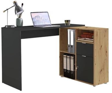 moebel-dich-auf Eckschreibtisch LUIZ Schreibtisch Winkelschreibtisch inkl. Regal spiegelverkehrt montierbar 110 cm breit (anthrazit/Artisan Eiche Nb.)