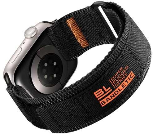 Bandletic Compatible with Apple Watch Strap 44mm 45mm 46mm 49mm 42mm, Rugged Tactical Soft Nylon Sport Strap for iWatch Series 10 9 8 7 SE2 SE 6 5 4 3 2 1 for Women Men, Black