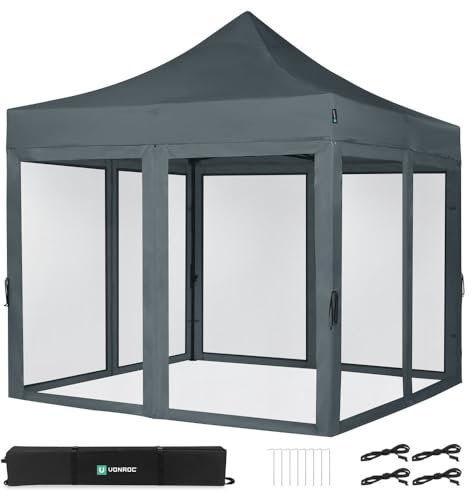VONROC Tente de Réception Easy-Up 3x3 m - Pliable - Imperméable - Kit 4 Parois Latérales en Moustiquaire - Modulable - Armature en Acier - Protection UV 50+ - Sac de Rangement Inclus - Gris