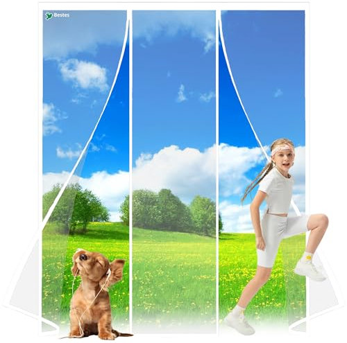 Magnetic Fly Screen Door Nets, 300x210cm Insects Protection Double Door with Powerful Magnets and Full Frame, Nets Patio Curtain Insect Mesh for Keep Insects Out Install,Without Drilling White