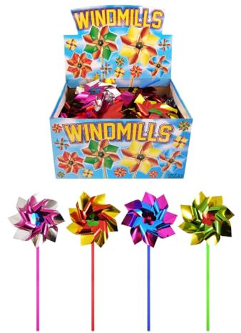 eMKay® Pack of 12 Foil Rainbow Windmills for Kids – Colourful Pinwheels with 30cm Sticks – For Garden Decoration, Party Bags, DIY Crafts, Events & Bird Deterrent