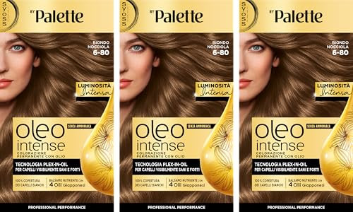 Syoss by Palette Oleo Intense, colorazione permanente, copertura professionale capelli bianchi, 6-80 Biondo Nocciola, confezione da 3