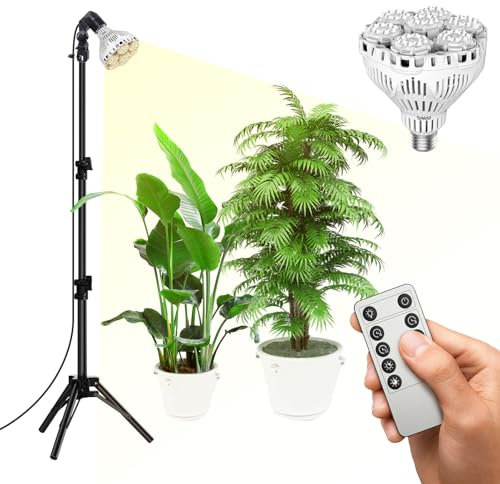 SANSI Lampada LED per Piante 40W da Interno con Treppiede, Dimmerabile Lampadina E27 a Spettro Completo da 4000K con Telecomando, 4/8/12H Timer, 4 Livelli di Luminosità, Altezza Regolabile da 40-110cm