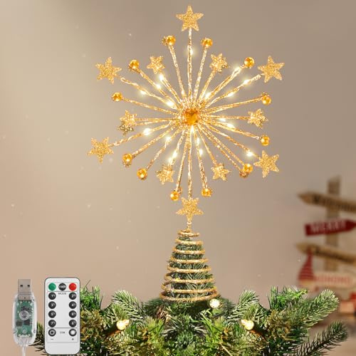 Lewondr Christbaumspitze, 13'' Funkelnde Sternenbaumspitze mit 20 LED-Birnen, USB-beleuchtete Baumsternspitze für Weihnachtsschmuck, Fernbedienung, 6H Timer, 8 Lichtmodi, Gold