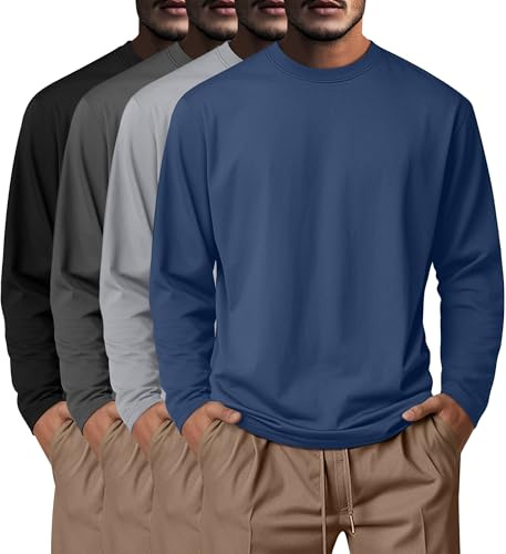 Neer 4 Pack Men Big and Tall Shirts Cotton Long Sleeve Basic Top | Long Sleeve Crew Neck Shirts, Loose Baggy Plus Size Undershirts, Soft Plain Lounge Tees for Casual Daily Wear, Comfy Clothes