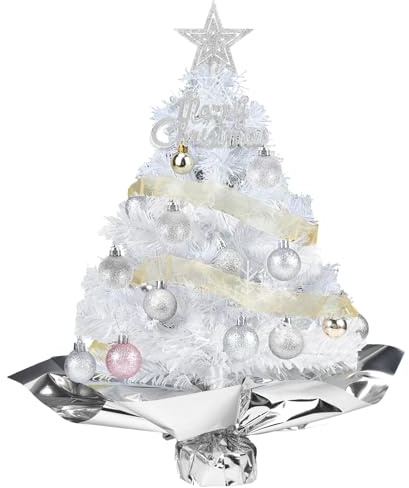 HOWAF Albero di Natale Piccolo, 60 cm Mini Albero di Natale Bianco da Tavolo con Decorazioni Natalizie Palline di Natale Addobbi Albero di Natale