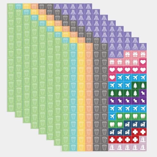Sticker Kalender Set, 1230+ Aufkleber Mülltonne für Terminplaner und Organizer, Mülltrennung, Arzttermine, Geburtstage, Weihnachten und mehr, Planner Sticker für Planung Familienkalender To-Dos(B)