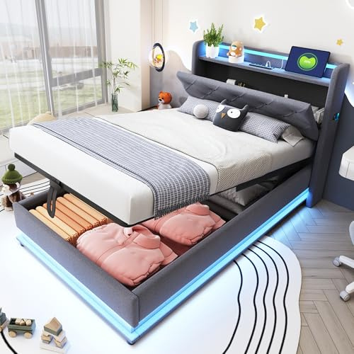Gxffipw Polsterbett Einzelbetten Bett 90x200 cm mit Stauraum und Kopfteil Aufklappbar, Hydraulisches Kinderbett mit USB und LED, Jugendbett Bettgestell mit Lattenrost, Leinen, Grau, Ohne Matratze