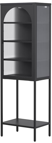 raigya Kommode, Metall Glas Sideboard, Wohnwand, Vitrinenschrank mit 3 verstellbaren Böden, Schmaler Hochschrank für Wohnzimmer Büro Küche, Moderner Aufbewahrungsschrank 160x50x35cm, Schwarz