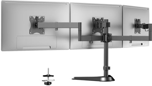 Triple Monitor Stand, Full Motion Arm Fits up to 27 inch, Free standing | Cable management, Precise Alignment, Weighted Base, 10 KG per arm, VESA 75/100, black